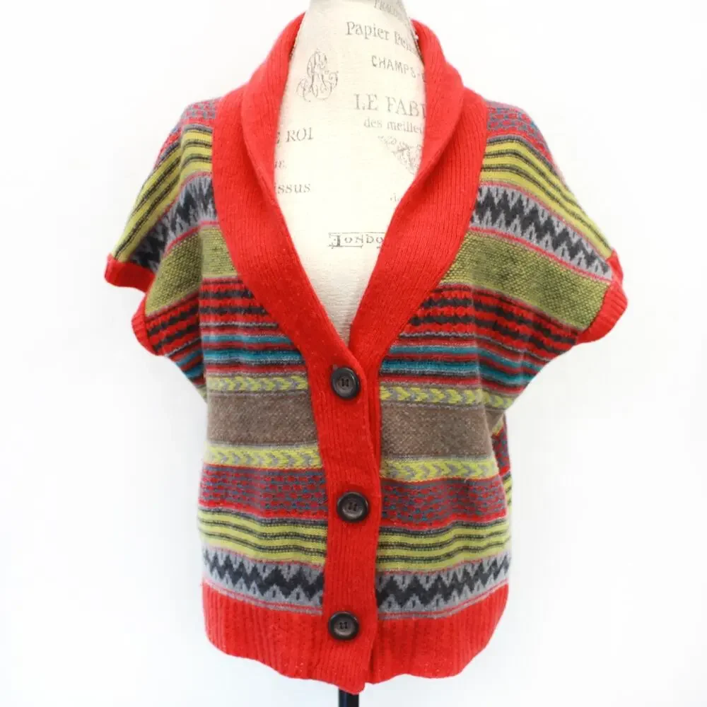 Swank Vest Sweater Cardigan Button Fair Isle Knit Cozy Grandmacore M/L